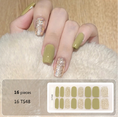 Olive Green Glitter Gel Nail Wraps - No UV Lamp Needed