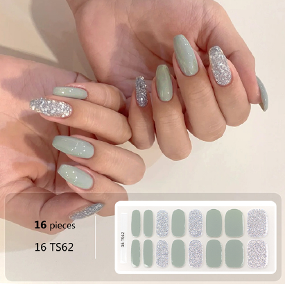 Sage Green Glitter Gel Nail Wraps - No UV Lamp Needed