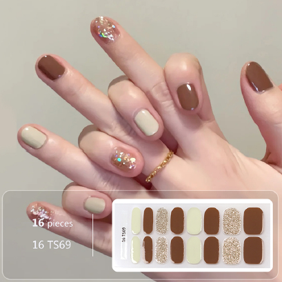 Brown Tan Glitter Gel Nail Wraps - No UV Lamp Needed
