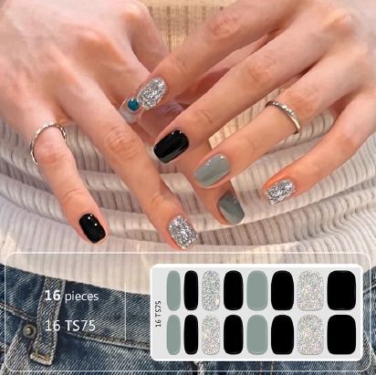 Grey Silver Glitter Gel Nail Wraps - No UV Lamp Needed