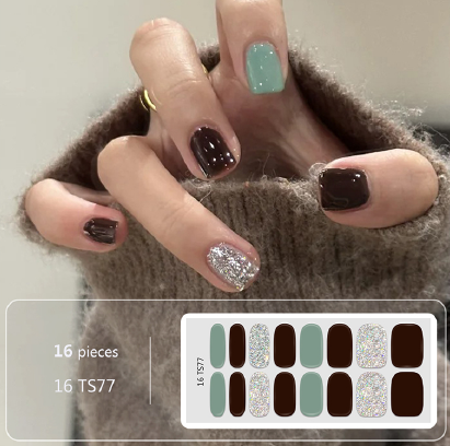 Brown Blue Glitter Gel Nail Wraps - No UV Lamp Needed
