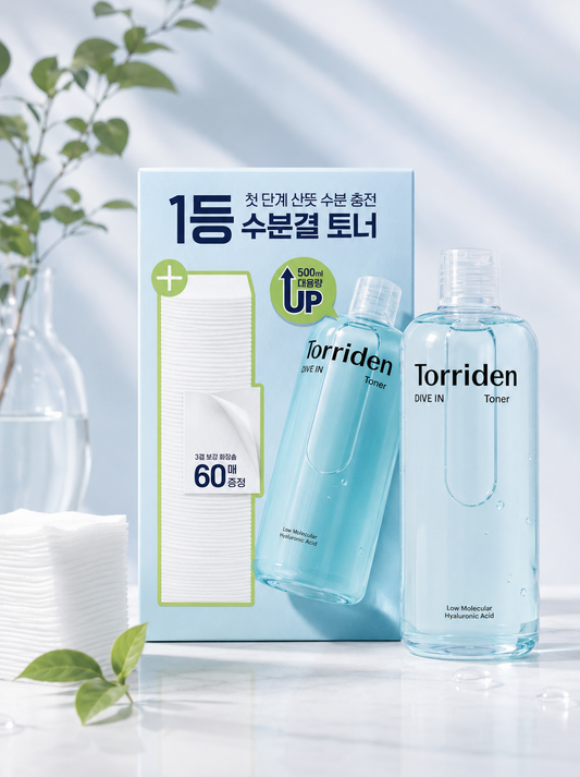 Torriden Dive-In Low Molecular Hyaluronic Acid Toner 500ml + Cotton Pads 60pc